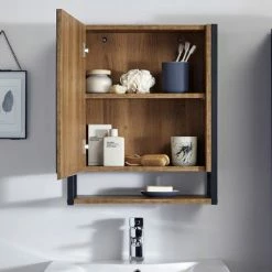 Milan Industrial Matt Black Framed Bathroom Mirror Cabinet - Wood Effect -Bathroom Mirrors Shop MIL350M d2 460