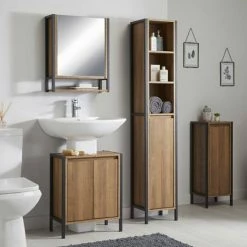 Milan Industrial Matt Black Framed Bathroom Mirror Cabinet - Wood Effect -Bathroom Mirrors Shop MIL350M d3 460